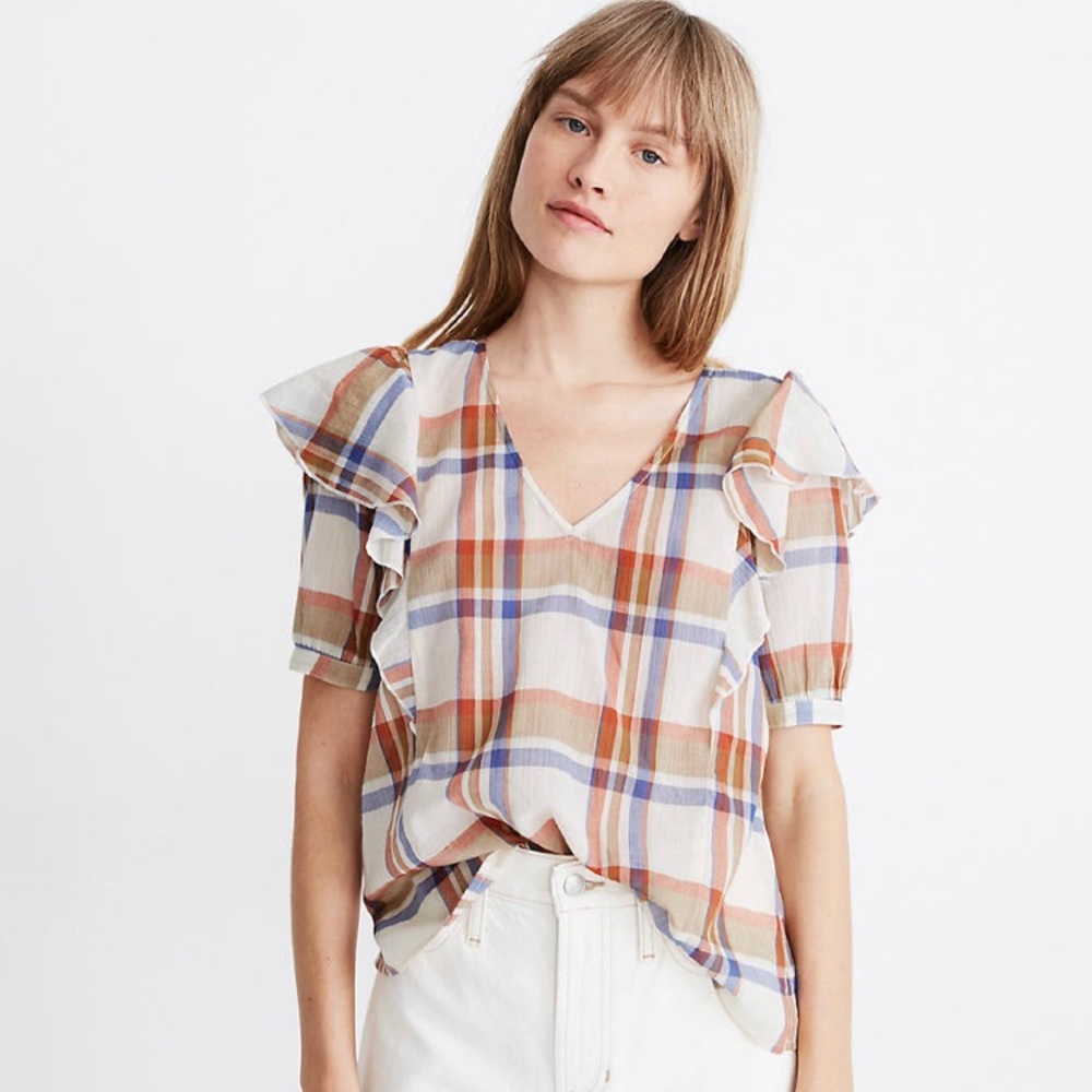Madewell V-neck shoulder ruffle top S